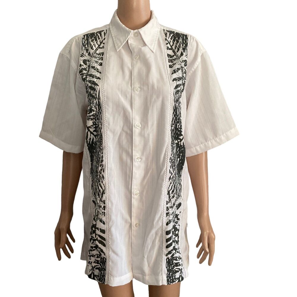 Vintage Cabana Shirt Mens Medium Embroidered White Black Button Front